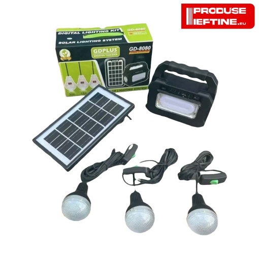 Kit solar portabil cu 3 becuri GDPlus GD-8080, Lanterna, USB, Panou solar 3W