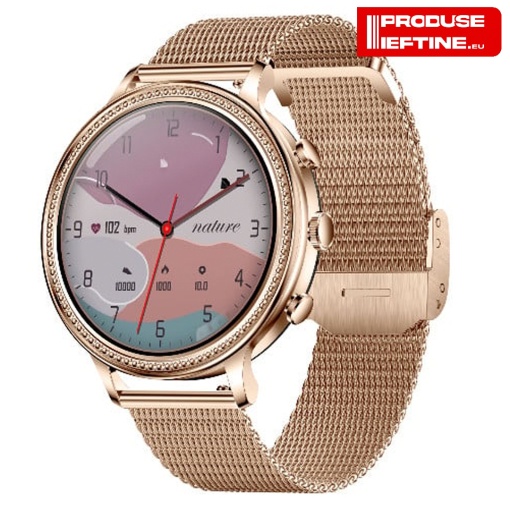 Ceas Smartwatch Dama, Curea Metalica și Silicon Sunshine Gold, AI Asistent Vocal, GPS Route Tracking, NFC, Monitor HR/SpO2