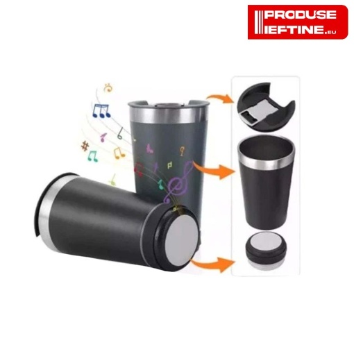 Cana tip termos cu boxa bluetooth, capacitate 500 ml, capac cu deschizator sticle, incarcare USB, lumina led, albastru
