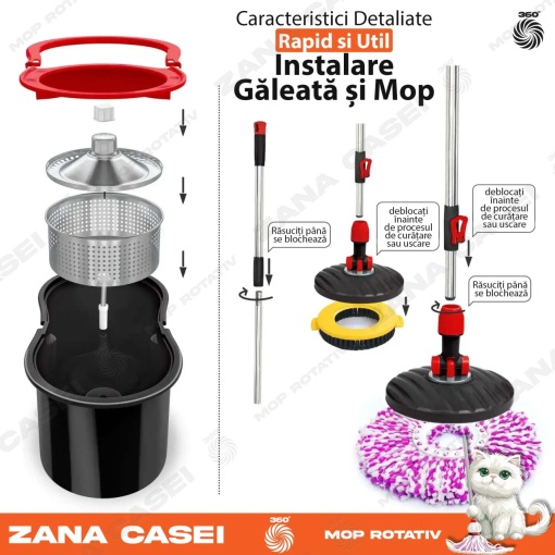 Mop Zâna Casei cu 4 Rezerve + Perie , Cuva de inox, Coada 146 cm + CADOU pasta dinti
