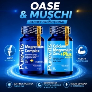 Pachet promo : 2 Purevits Pachet Oase si Muschi Magneziu Complex – Citrat, Bisglicinat și Malat – 200 mg +Calciu – Magneziu – Zinc – Vitamina D Plus