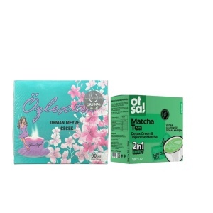 Pachet promo : Ceai de slabit Ozlex Tea turcesc detox - cu aroma de fructe de padure 60 plicuri cu holograma + Ceai detoxifiant japonez Matcha BIO solubil, 30x5gr