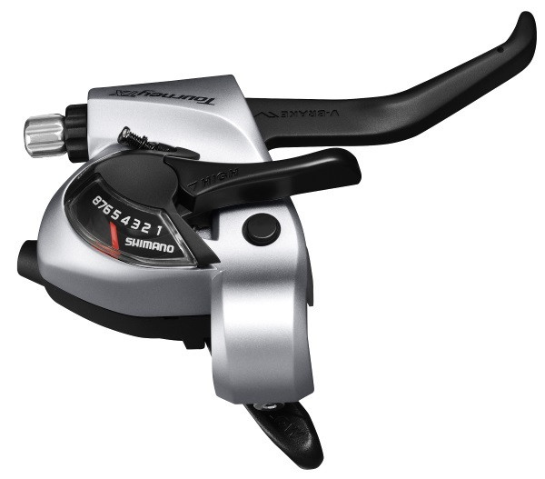 Manete schimbator/frana Shimano Tourney ST-TX800, 8x3 vit, EZ-FIRE Plus, 2 degete, pt. frana V-Brake, cabluri schimbator/frana lungime standard, argintiu, ambalat ind.