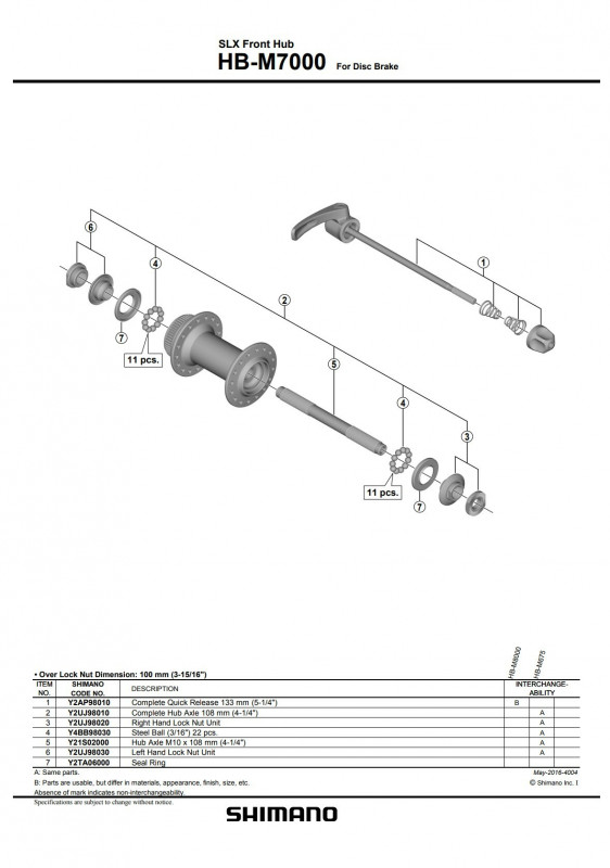 Quick release complet Shimano HB-M7000 133mm (5-1/4")