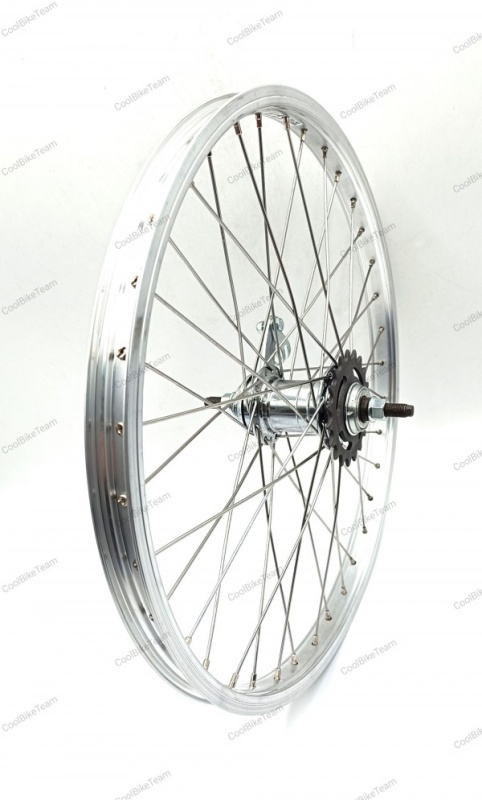 Roata spate Remerx 20x1.75 (406x21) simpla, argintie, 36 spite Sapim leader , butuc otel Velosteel cu torpedou, ax cu piulite