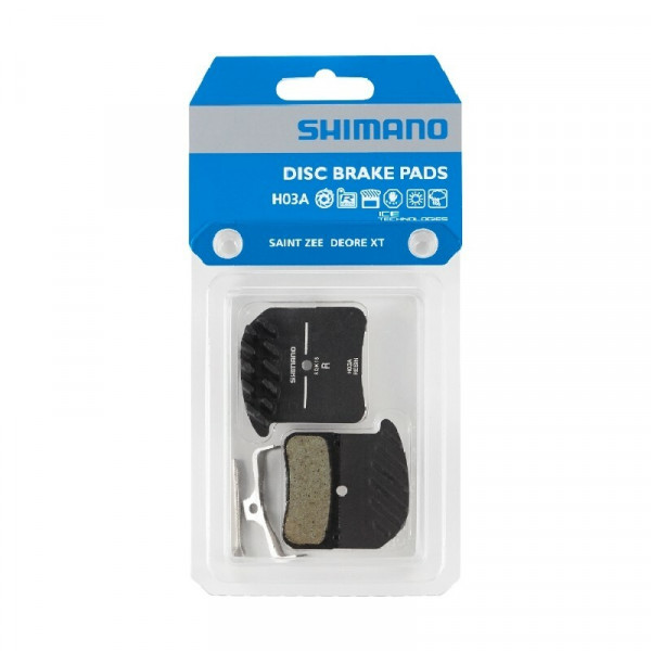 Placute de frana Shimano resin H03A-RF, cu aripioare de racire, cu arc/siguranta, cu split pin, 1 pereche, ambalat ind.