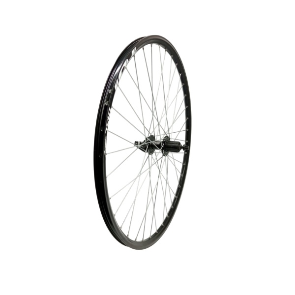 Roata spate Remerx Top Disc 622x19 dubla, simplu capsata, neagra, 36 spite Sapim zinc, butuc alu Quando MR5R, caseta 8/9/10 vit, negru, ax cu excentric