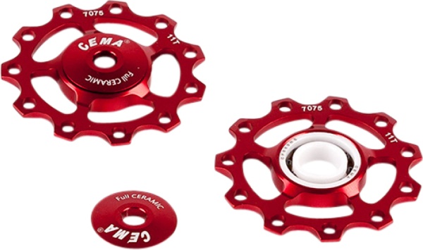 Rotițe schimbător CEMA, roșii, Full Ceramic, aluminiu – compatibile 9/10/11 viteze Shimano/SRAM