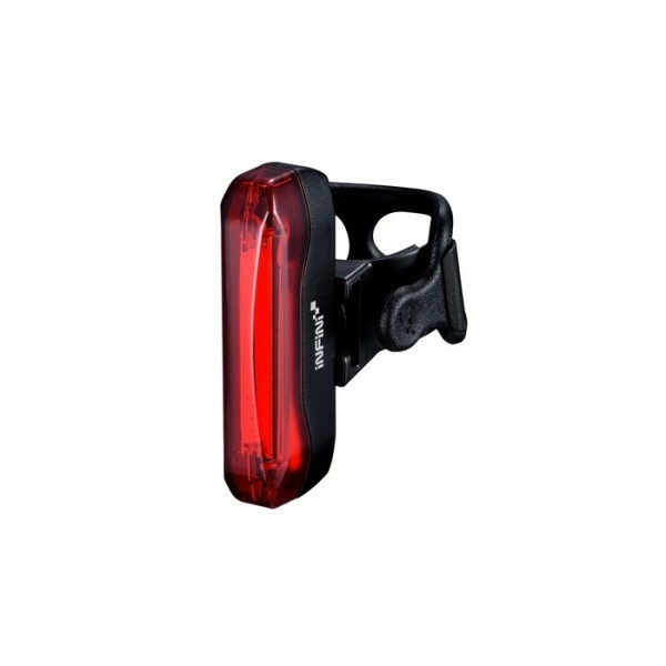 Sclipitor Infini I-464R Ola, 15 cob led rosii, 30lumeni, 6 functii, incarcare USB, montare tija sa plus suport pentru sina sezut, indicator baterie scazuta, alb/negru, 18gr, AM