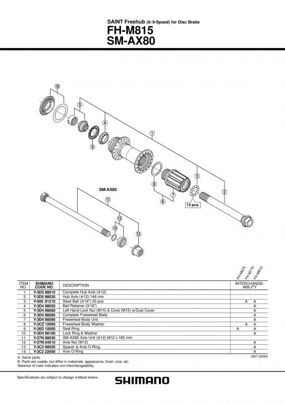 Ax complet pentru butuc Shimano FH-M815