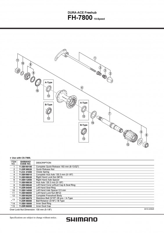 Ax quick release Shimano FH-7800 complet 163mm 6-13/32"