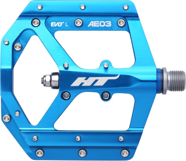 Pedale HT Components AE03, Platformă MTB, Corp Aluminiu CNC, Ax Cromoly, Sistem Rulmenți EVO+, 20 Pini Schimbabili, Albastru