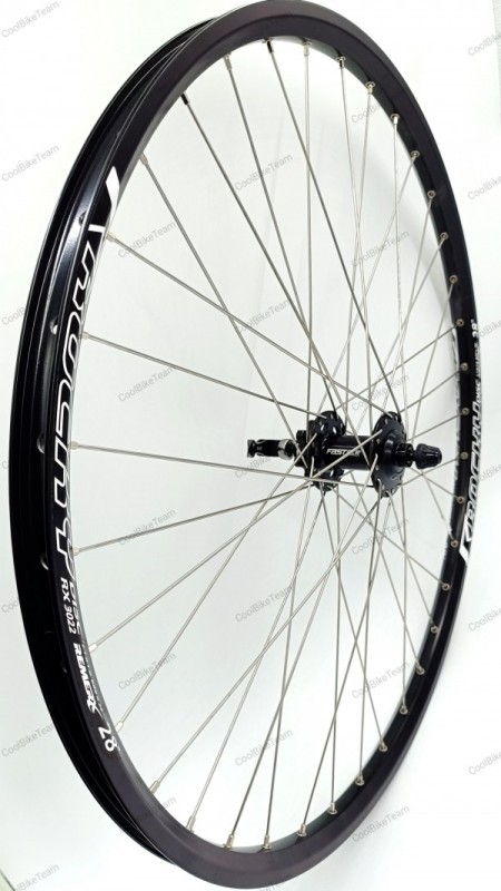 Roata fata Remerx Rocky Disc 622x22, dubla, simplu capsata, neagra, spite Sapim Leader, Butuc fata Fastace DA201F, pe rulmenti, negru, ax cu excentric
