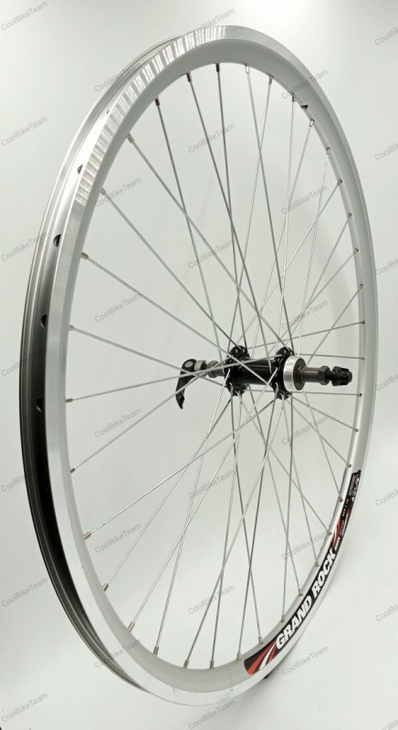 Roata spate Remerx Grand Rock 622x19 dubla, argintie, spite Sapim zinc, butuc alu Quando A12R, pe filet, negru, ax cu excentric