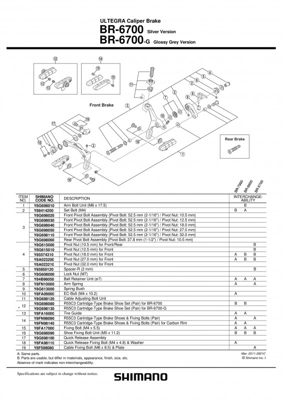Surub pivot Shimano BR-6700 fata 52.5mm (2-1/16") piulita pivot 18.0mm