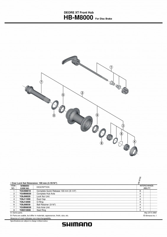 Quick release complet Shimano HB-M8000 133mm (5-1/4")