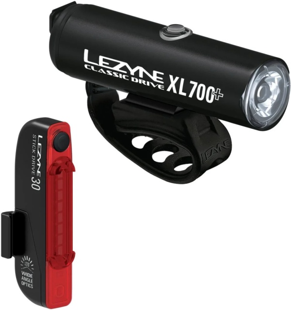 Set lumini Lezyne Classic Drive XL 700+ / Stick Drive, 700 lm față + 30 lm spate, Negru