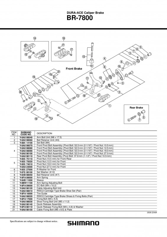 Surub pivot ansamblu Shimano BR-7800 fata surub pivot 37.8mm (1-1/2") & piulita pivot 10.5mm