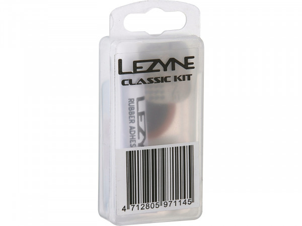 Kit Lezyne Repair Classic in plastic box, 7cc Glue, 6x Round Patch, 2x Oval patch, 1x Scuffer