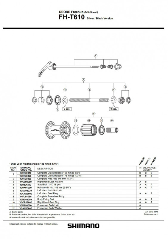 Quick release complet Shimano FH-T610 173mm (6-13/16")