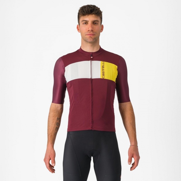 Tricou Cu Maneca Scurta, Castelli Prologo 7, Visiniu/Alb/Galben