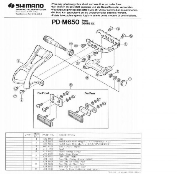 Ax pedala Shimano PD-M650 dreapta b.c.9/16" x 20 t.p.i.