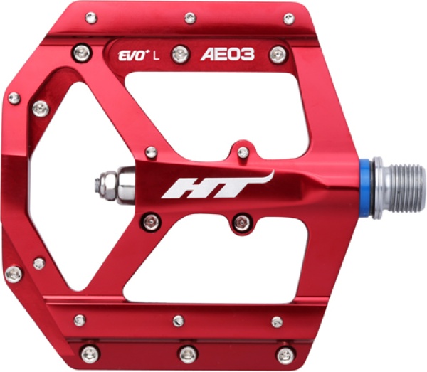 Pedale HT Components AE03, Platformă MTB, Corp Aluminiu CNC, Ax Cromoly, Sistem Rulmenți EVO+, 20 Pini Schimbabili, Rosu