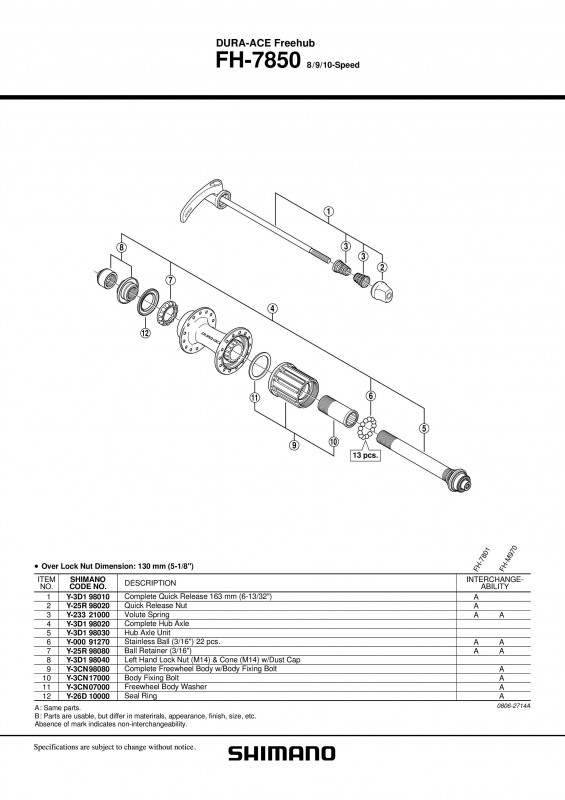 Con Shimano FH-7850 stanga M14 & com M14 & garnitura praf