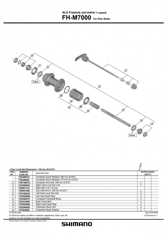 Quick release complet Shimano FH-M7000 173mm (6-13/16")