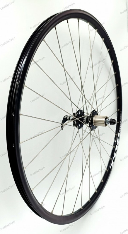 Roata spate Remerx Top Disc 622x19 dubla, simplu capsata, neagra, spiteSapim Leader, butuc alu Quando SN3R, 2 rulmenti, caseta 8/9/10 vit,negru, ax cu excentric