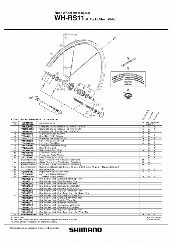 Complete hub axle 141mm (5-9/16") Shimano for WH-RS11-R