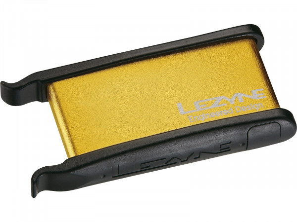 Kit pana Lezyne in cutie aluminiu, 2xTire Lever, 6xPatch, 1xScuffer, 1xTire Boot, auriu