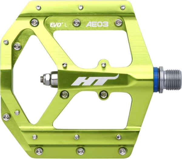 Pedale HT Components AE03, Platformă MTB, Corp Aluminiu CNC, Ax Cromoly, Sistem Rulmenți EVO+, 20 Pini Schimbabili, Verde