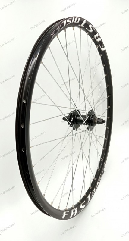 Roata fata Remerx Fast Disc 559x18 dubla, simplu capsata, neagra, spite Sapim Zinc, butuc alu Quando K88F pe bile, negru, ax cu filet