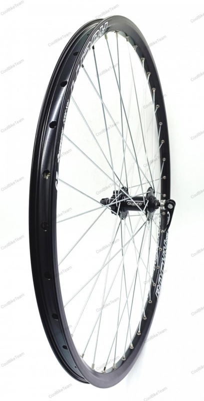 Roata fata Remerx Rocky Disc RX3022, 622x22, dubla, simplu capsata, neagra, 36 spite Sapim zinc, butuc alu Quando MH8F, negru, ax cu excentric