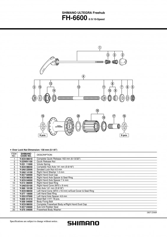Distantier pentru ax Shimano FH-6600 dreapta & capat etans