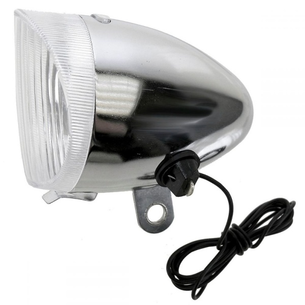 Far pentru dinam, oțel cromat, 6 V / 2,4 W, montaj față, cablu simplu cu buclă inel