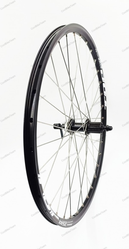 Roata spate, Remerx Top Disc 26" 559x19 dubla, simplu capsata, neagra, valva Av, 32 spite Sapim Leader (inox), butuc alu Shimano FH-QC300H, caseta 8/9/10 vit, frana Center Lock, negru, ax cu excentric (QR9mm)