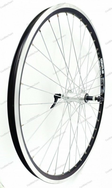 Roata spate Ryde Snyper 559x17, dubla, simplu capsata, neagra, spite Sapim zinc, butuc alu Bitex A773, argintiu, ax cu excentric
