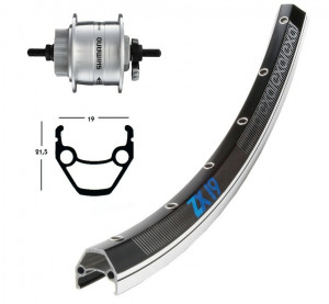 front wheel 28X1.75 dy. hub,DH3D30,36 ho ZX 19 bla./sil.,N spokes,6 holes disc NT