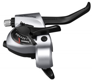 Manete schimbator/frana Shimano Tourney ST-TX800, 8x3 vit, EZ-FIRE Plus, 2 degete, pt. frana V-Brake, cabluri schimbator/frana lungime standard, argintiu, ambalat ind.