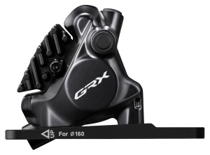 Etrier Frână Shimano GRX BR-RX820 Față Flat Mount, Adaptor pentru Rotor 140/160mm (Asamblat pentru 160mm), Plăcuțe L05A Resin cu Aripioare de Răcire