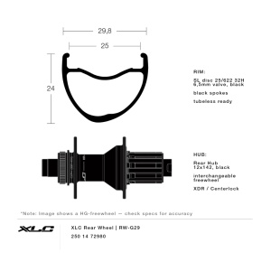 XLC Roata Spate RW-G29 XDR 25-622 Center Lock, 12x142mm, Tubeless Ready