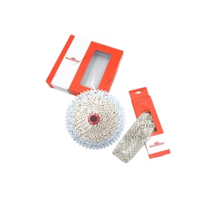 Combi-Pack CSMX80-11 (Pinioane Sunrace CSMX80 11, pe caseta 11-51T, 11 vit, argintii/rosu+Lant Sunrace CN 11A, Ti-Nitrade Gold, 126 zale, argintiu, pentru 11 pinioane) AM