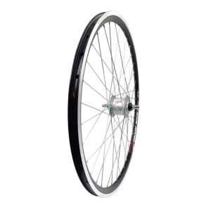 Roata fata Remerx Grand Rock 622x19 dubla, neagra, valva Av, 36 spite Sapim zinc, butuc alu Shimano DH-C3000-3N-NT, cu dinam, argintiu, ax cu piulite