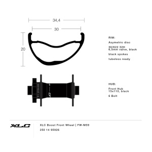 XLC Roata Fata FW-M59 30-622 6 Suruburi, 15x110mm, Tubeless Ready