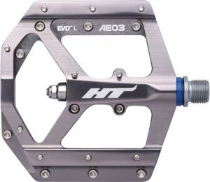 Pedale HT Components AE03, Platformă MTB, Corp Aluminiu CNC, Ax Cromoly, Sistem Rulmenți EVO+, 20 Pini Schimbabili, Gri