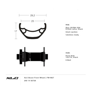 XLC Roata Fata FW-M27 25-584 6 Suruburi, 15x110mm, Tubeless Ready