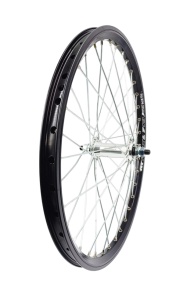 Roata fata Remerx Dragon 406x19 dubla, simplu capsata, neagra, valva Av, 36 spite Sapim zinc, butuc Sunrace HBM45F argintiu, ax cu piulite