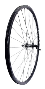 Roata fata Remerx Top Disc 622x19 dubla, simplu capsata, neagra, valva Av, 32 spite Sapim Leader, butuc alu Shimano HB-QC300, pt. rotor Center Lock, negru, ax cu excentric